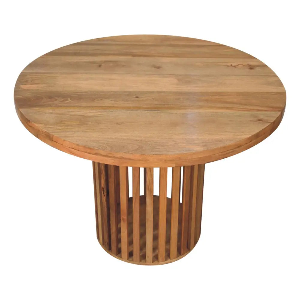 Ariella round dining table with natural wood finish and vertical slat base perfect for round dining spaces
