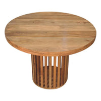Ariella round dining table with natural wood finish and vertical slat base perfect for round dining spaces