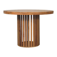 Ariella round dining table with smooth light brown wooden top and vertical slat legs perfect for dining rooms