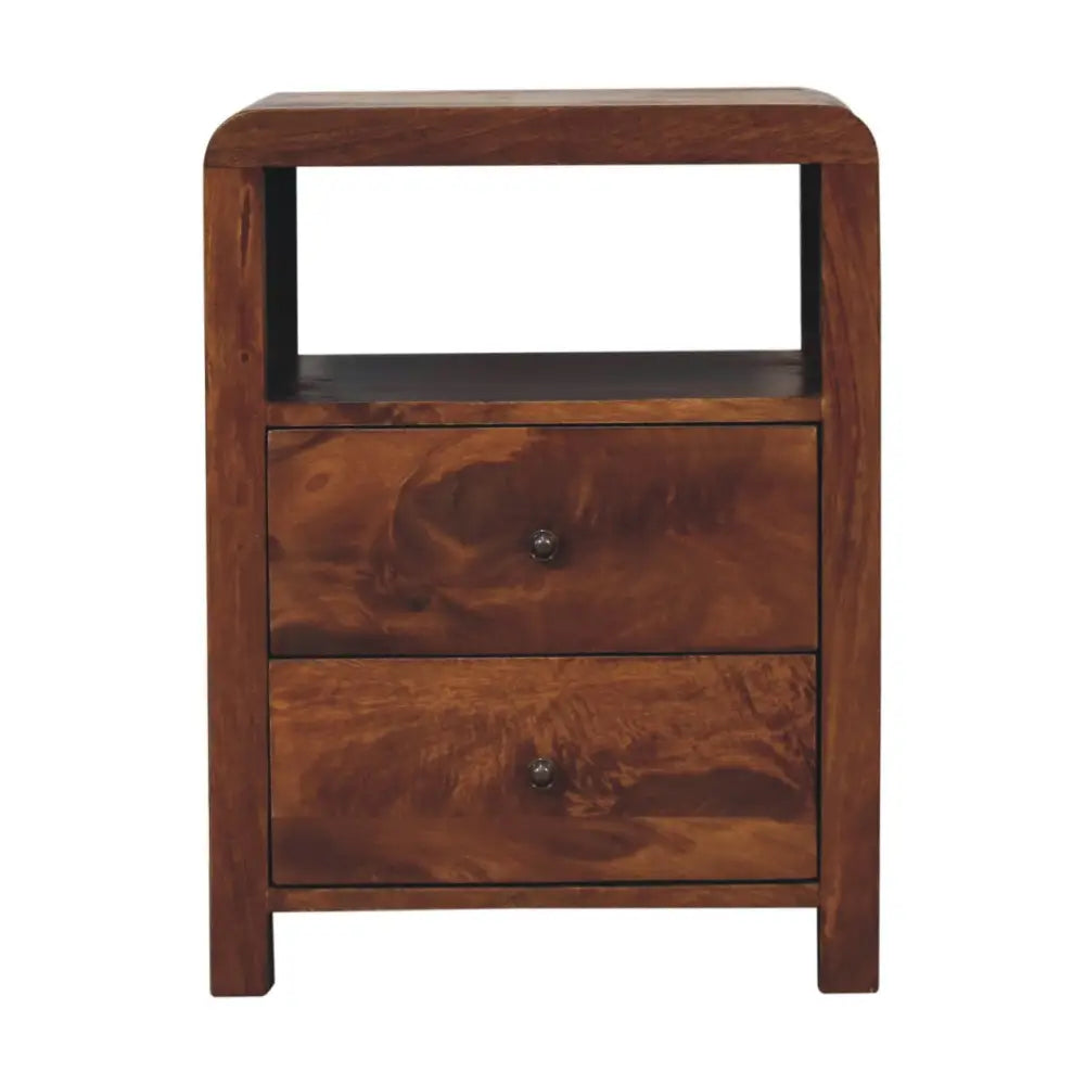 Brown wood aspen bedside with two drawers and open shelf featuring dark metal knobs for bedroom storage