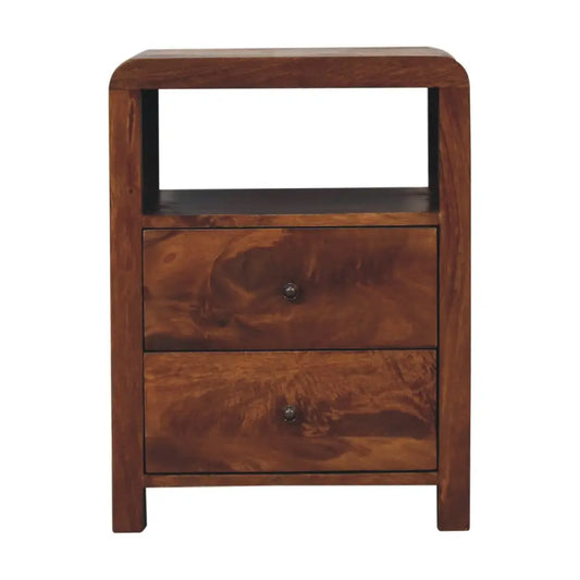 Brown wood aspen bedside with two drawers and open shelf featuring dark metal knobs for bedroom storage