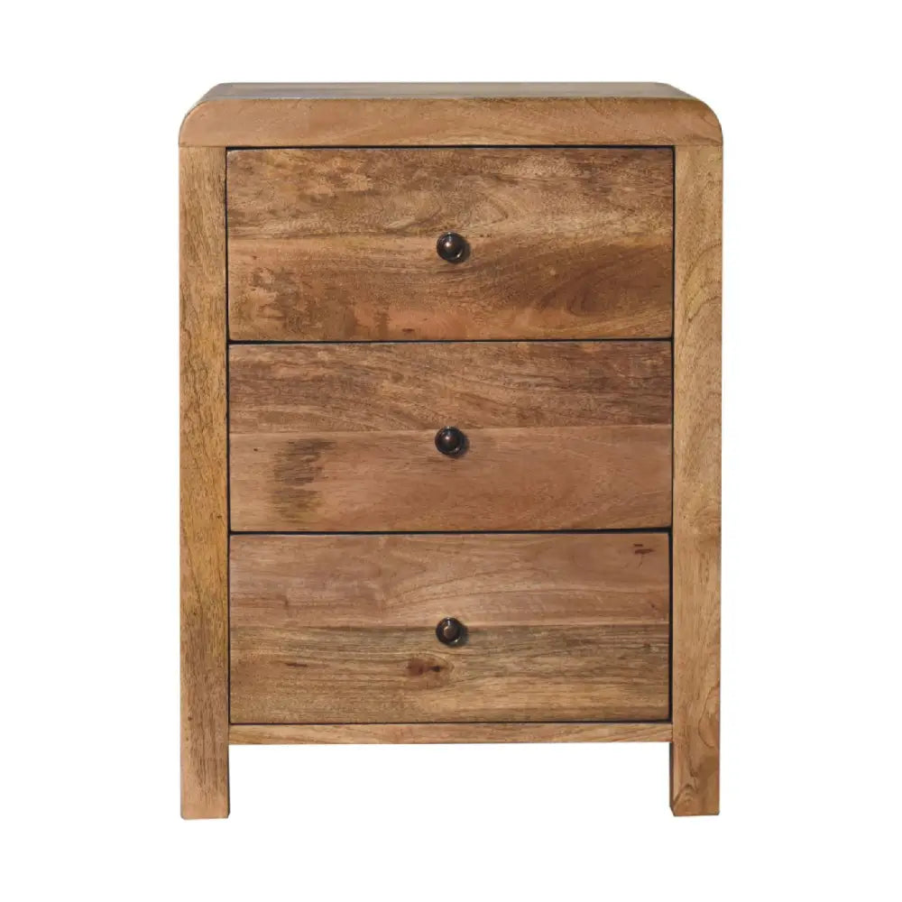Rustic aspen oak-ish drawer bedside with three drawers and dark round knobs in natural wood grain for opulent furniture