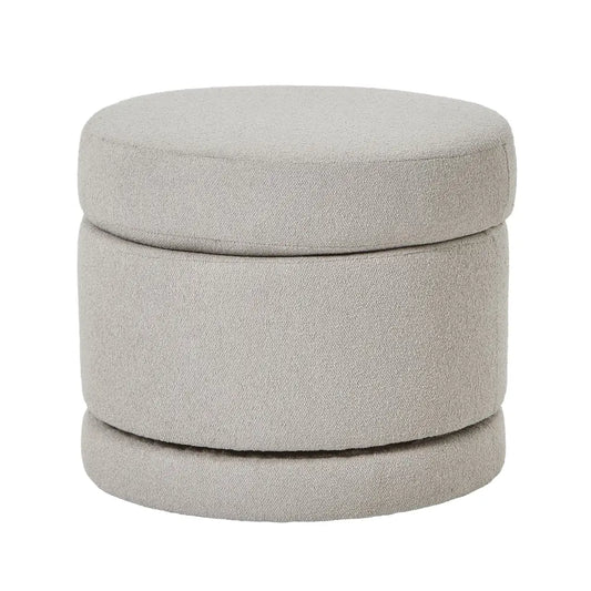 Beige upholstered aspen swivel ottoman with round shape and soft textured fabric finish for comfy storage seating