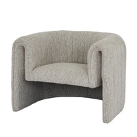 A sleek curved avia mist armchair upholstered in textured gray fabric with subtle vertical ribbing
