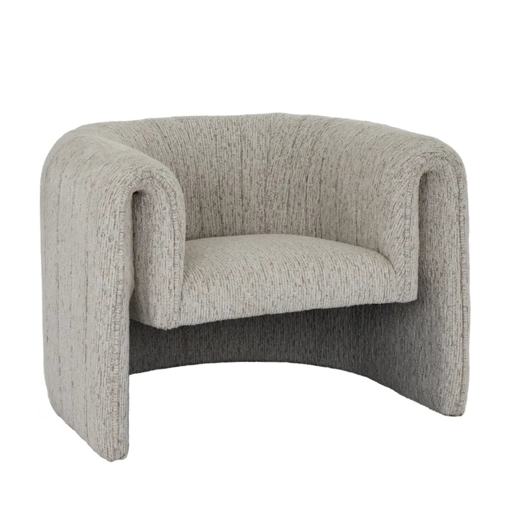 A modern curved avia mist armchair upholstered in textured gray fabric with a subtle heathered pattern