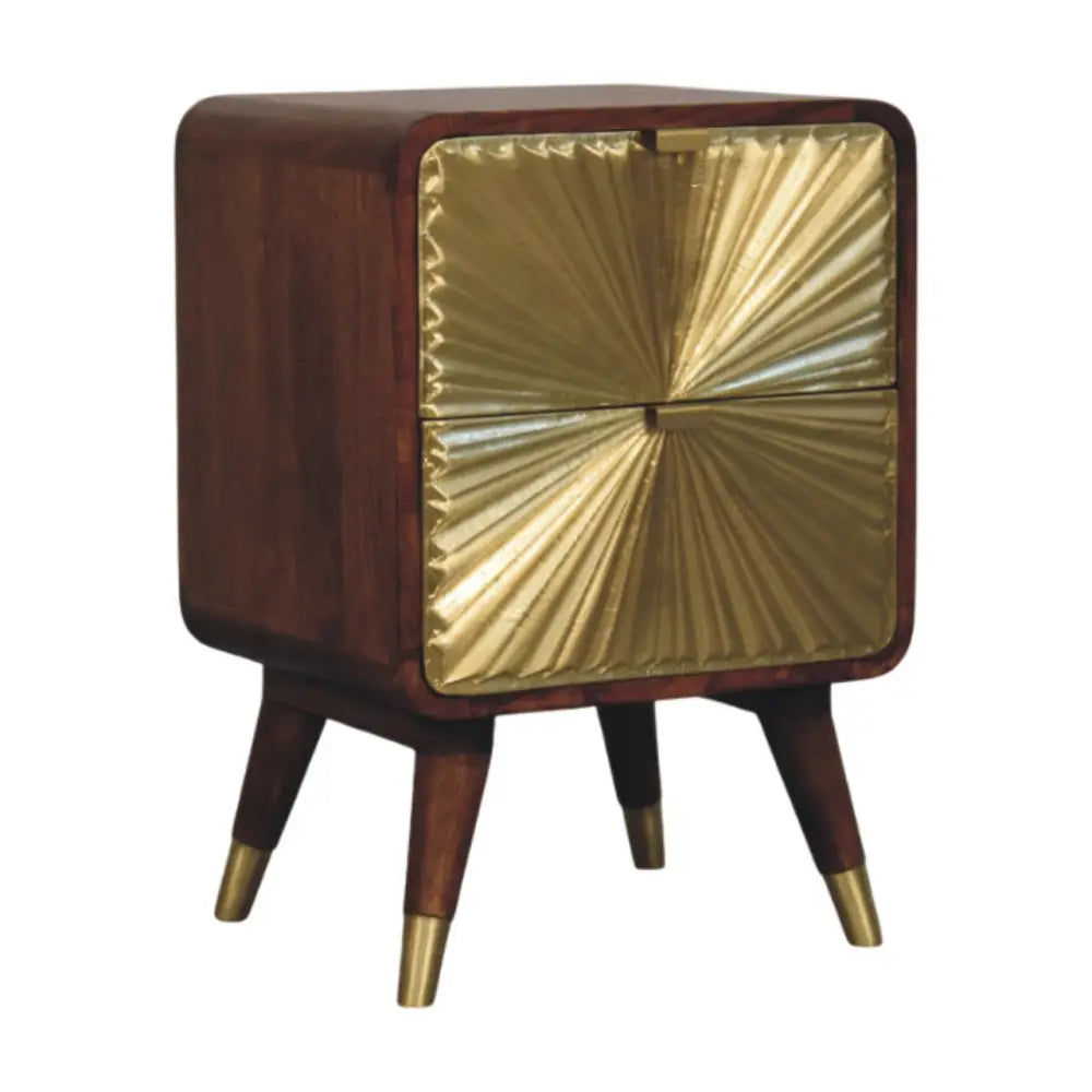 Avora brass embossed 2 drawer chestnut nightstand with solid mango wood dark finish and gold brass-tipped legs