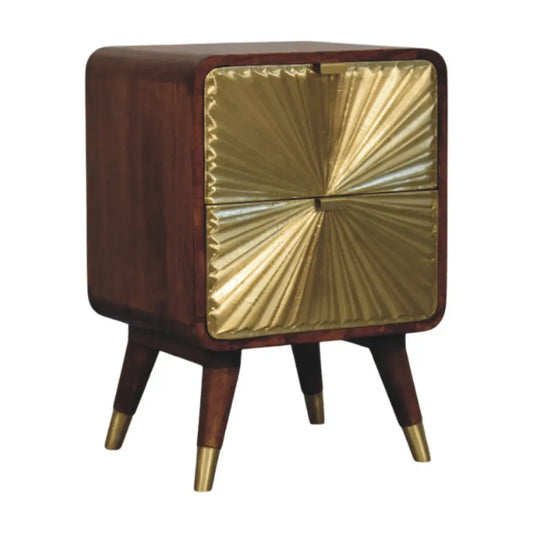 Avora brass embossed 2 drawer chestnut nightstand with solid mango wood dark finish and gold brass-tipped legs