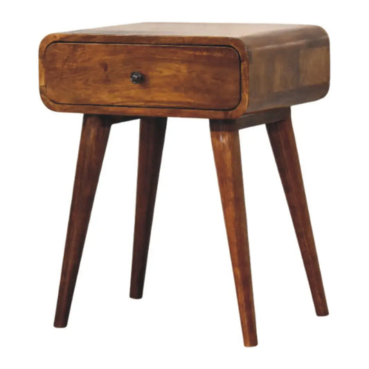 A warm brown avora chestnut nightstand with 1 drawer and tapered legs made from solid mango wood
