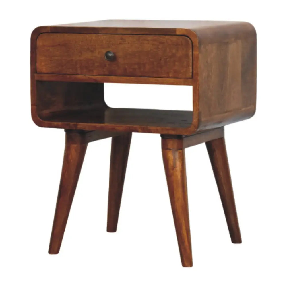 Avora chestnut nightstand with drawer and open slot made of solid mango wood in warm brown wood grain finish