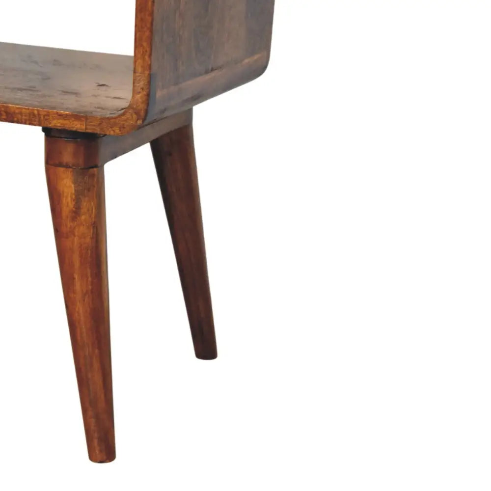 Mid-century modern wooden chair with dark brown finish and tapered legs paired with avora chestnut nightstand crafted from solid mango wood
