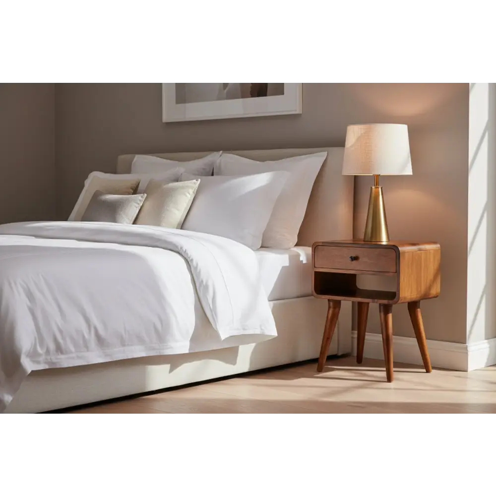 Avora chestnut nightstand with drawer and open slot in solid mango wood featuring tapered legs and a gold-toned lamp