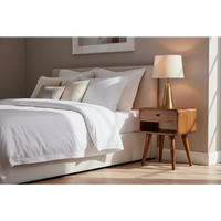 Avora chestnut nightstand with drawer and open slot in solid mango wood featuring tapered legs and a gold-toned lamp