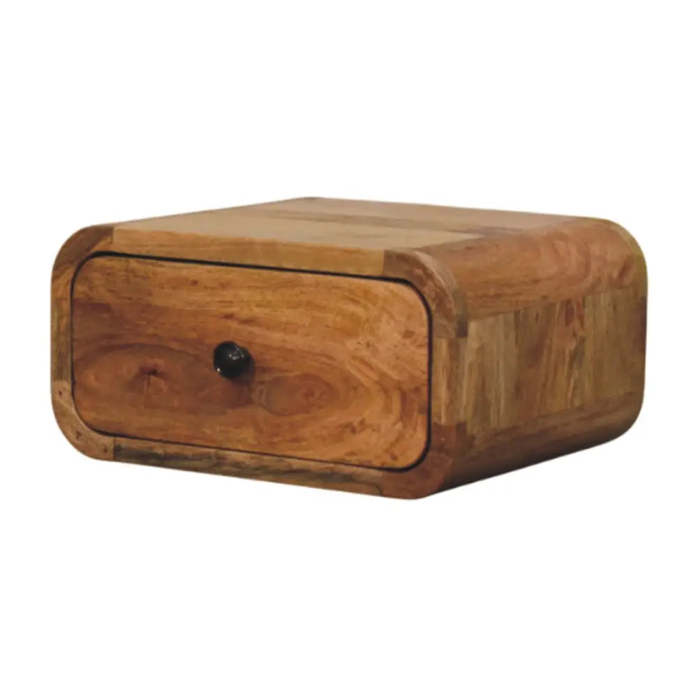 Avora mini solid mango wood mini wall-mounted nightstand with one drawer and black round knob in natural finish