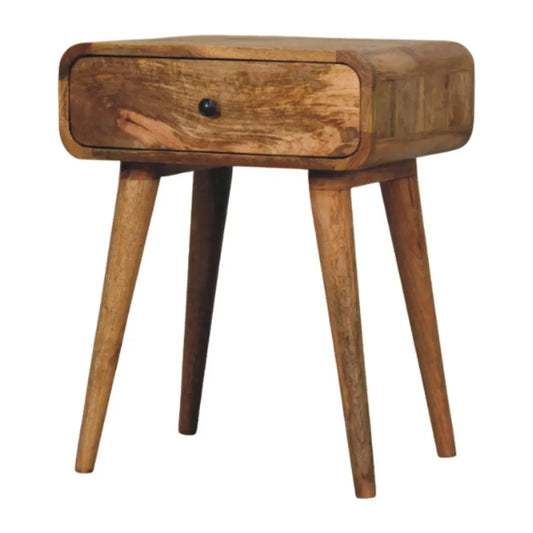 Avora oak-ish nightstand with 1 drawer in warm brown solid mango wood featuring natural grain and tapered legs