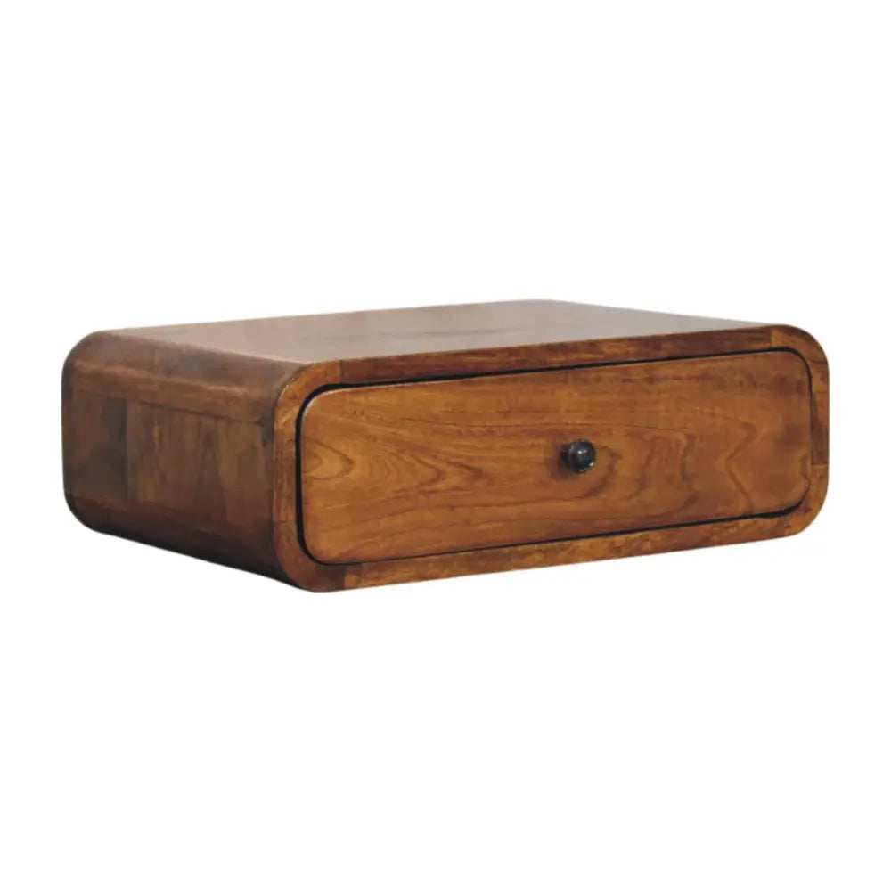 Avora wall-mounted chestnut nightstand with one drawer in medium brown solid mango wood and rounded edges