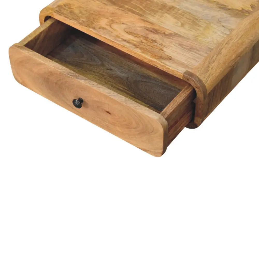Avora wall-mounted oak-ish nightstand with solid mango wood drawer and small black knob in light brown finish