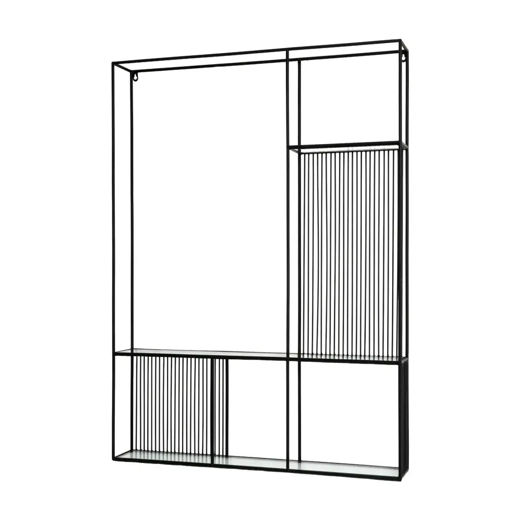 Black metal axis shelf unit with glass shelves and vertical slat accents for stylish storage and display