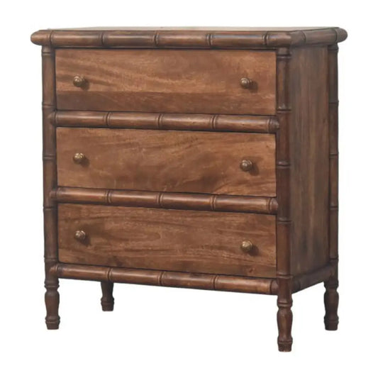 Brown bamboo carved 3-drawer chest made of solid mango wood with brass knobs for stylish storage