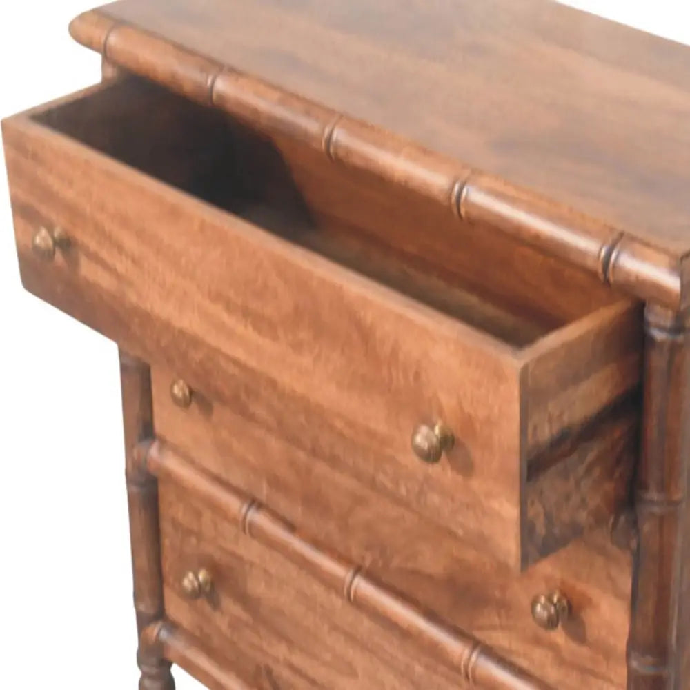 A warm brown bamboo carved 3-drawer chest with brass knobs and bamboo-style legs made from solid mango wood