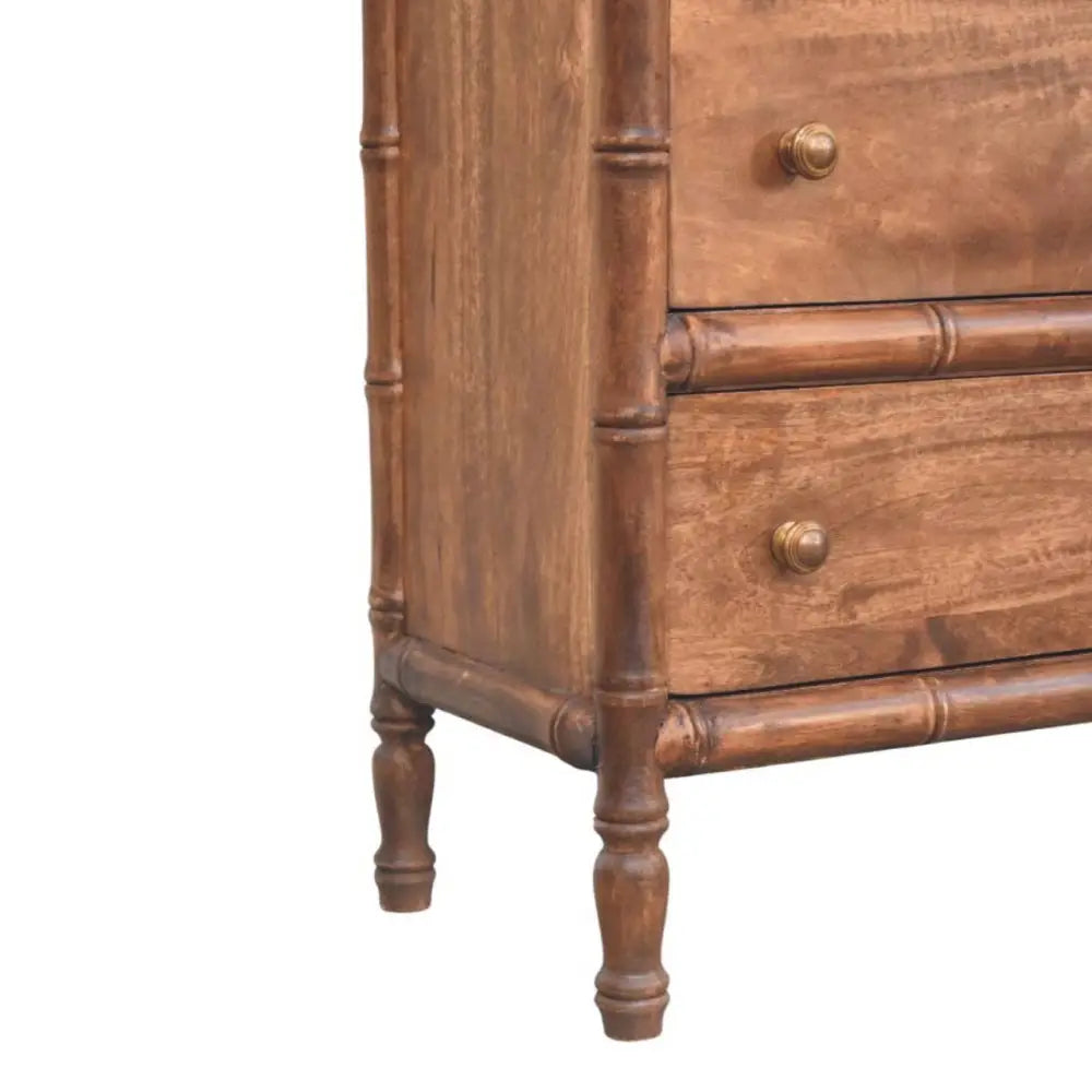 Bamboo carved 3-drawer chest with warm brown finish and brass knobs made from solid mango wood