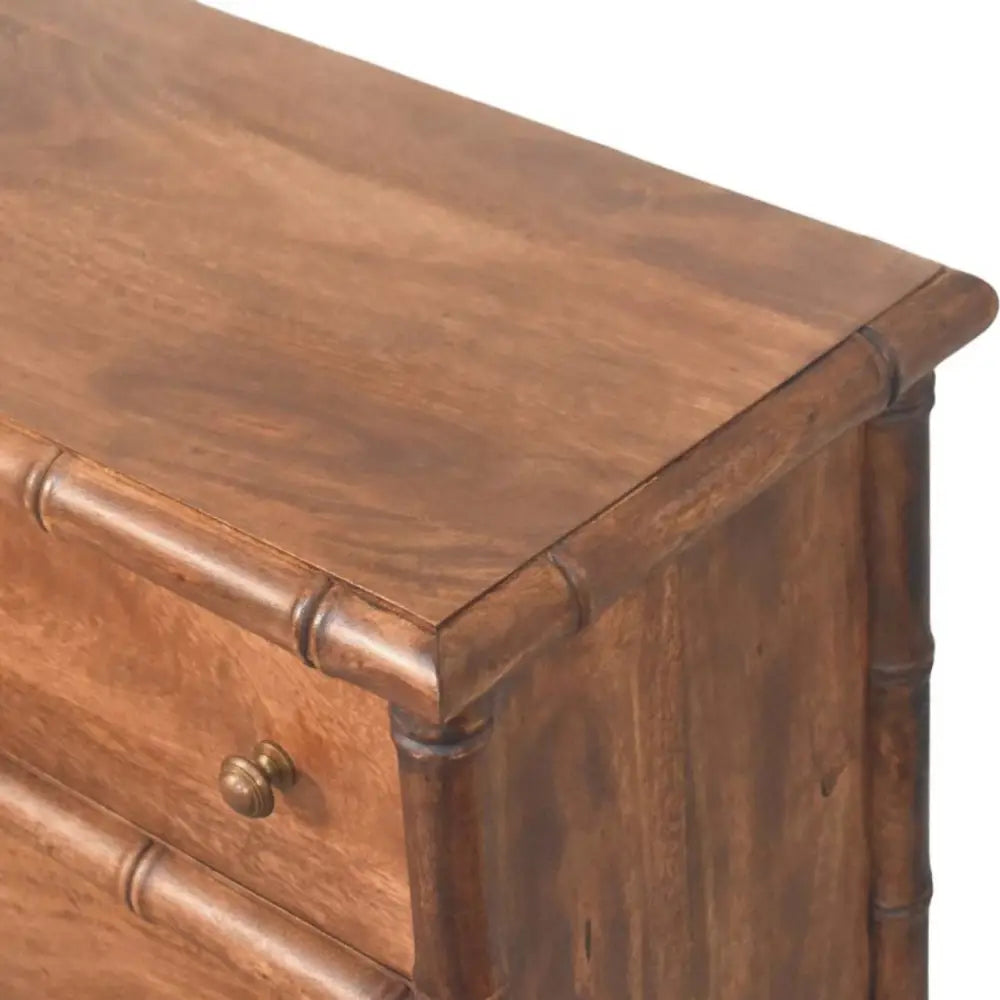 Brown bamboo carved 3-drawer chest made of solid mango wood with brass drawer pulls and bamboo style design
