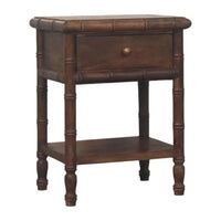 Dark brown bamboo carved bedside table made of solid mango wood with single drawer and lower shelf