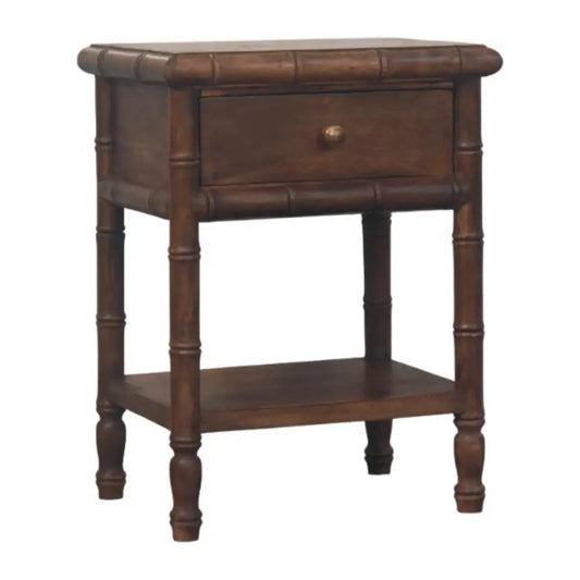 Dark brown bamboo carved bedside table made of solid mango wood with single drawer and lower shelf