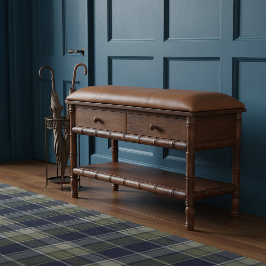 Brown wooden bamboo carved storage bench with tan leather cushion and solid mango wood bamboo style legs and drawers