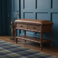 Brown wooden bamboo carved storage bench with tan leather cushion and solid mango wood bamboo style legs and drawers