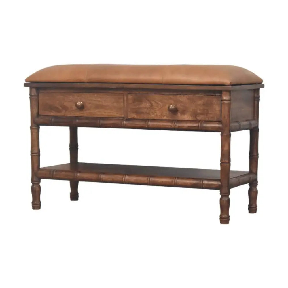 Brown bamboo carved storage bench with tan leather cushion and drawers made of solid mango wood and bamboo legs