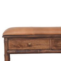 Brown leather-topped bamboo carved storage bench with single drawer and bamboo-style legs made from solid mango wood