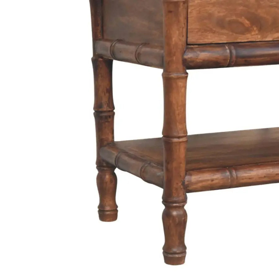 Brown bamboo carved storage bench with drawer and open shelf made of solid mango wood