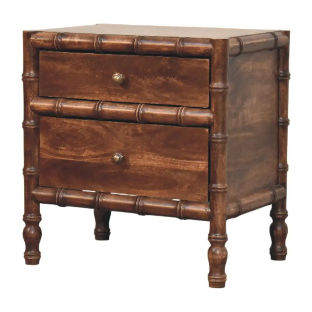 Bamboo frame nightstand with two drawers in bamboo style featuring a warm roasted almond finish