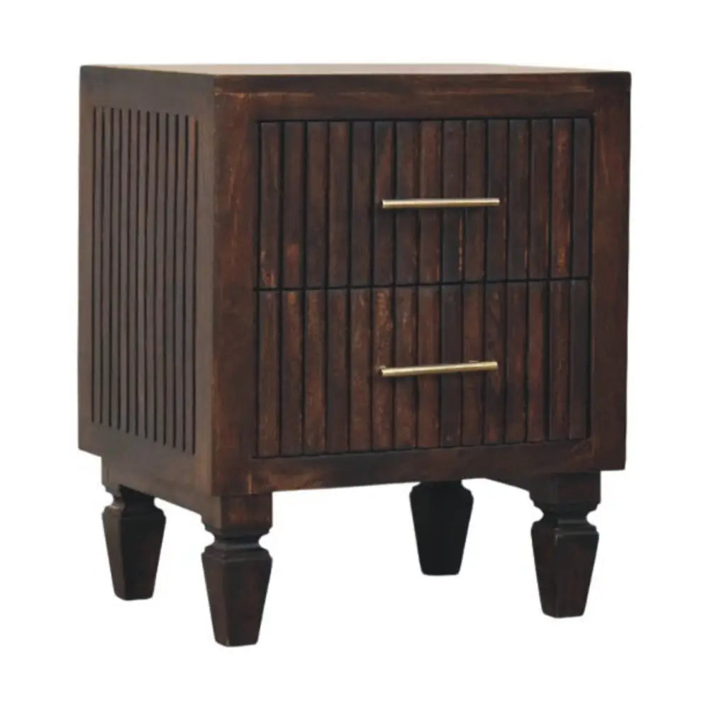Dark brown solid mango wood belmont 2 drawer nightstand with vertical slat detailing and brass handles