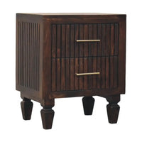 Dark brown solid mango wood belmont 2 drawer nightstand with vertical slat detailing and brass handles