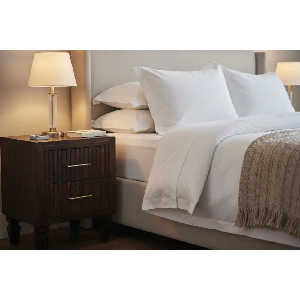 Belmont 2 drawer nightstand in dark wood with gold-tone handles made from solid mango wood for stylish storage