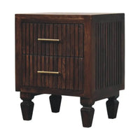 Dark brown belmont 2 drawer nightstand made of solid mango wood with vertical slats and brass drawer pulls