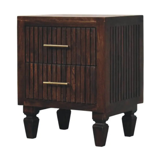 Dark brown belmont 2 drawer nightstand made of solid mango wood with vertical slats and brass drawer pulls