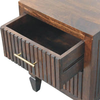 Dark wood belmont 2 drawer nightstand with vertical slats and brass handle made from solid mango wood