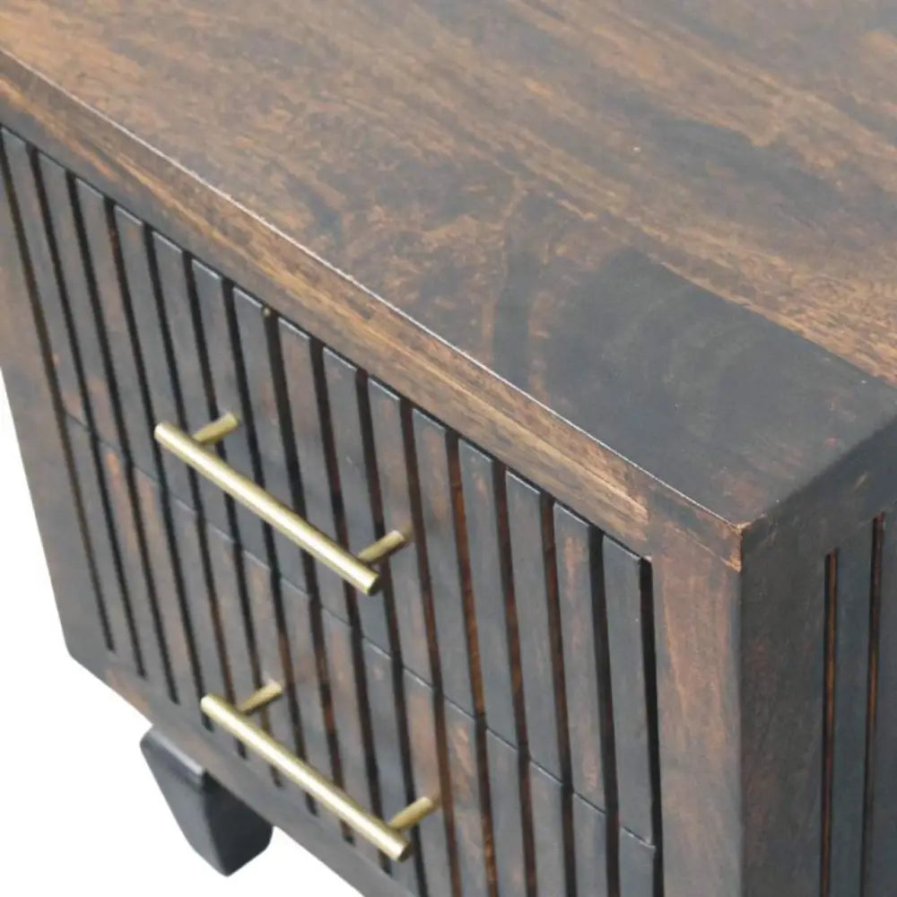 Belmont 2 drawer nightstand in dark solid mango wood with vertical slats and brass handles for bedroom storage