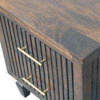 Belmont 2 drawer nightstand in dark solid mango wood with vertical slats and brass handles for bedroom storage