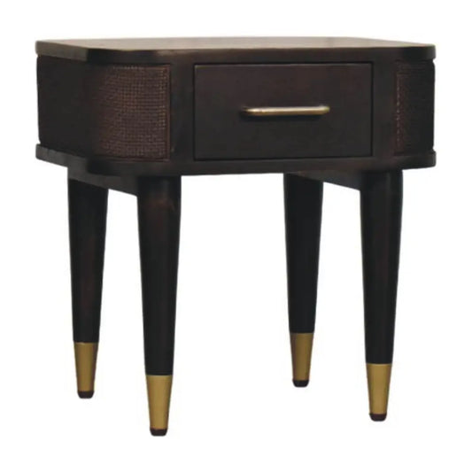 Dark wood belmont bedside nightstand with single drawer brass handle gold tipped legs made from solid mango wood