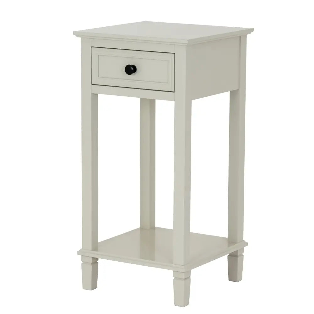 Off-white wooden belmont collection drawer lamp table with single drawer and black round knob