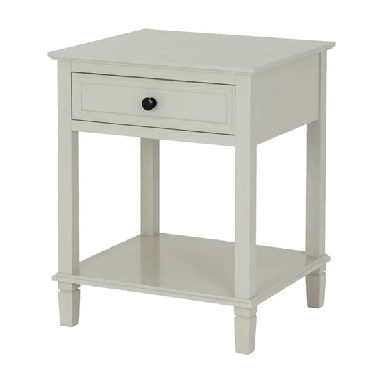 Off-white wooden nightstand from belmont collection features a balanced silhouette with one drawer and open shelf