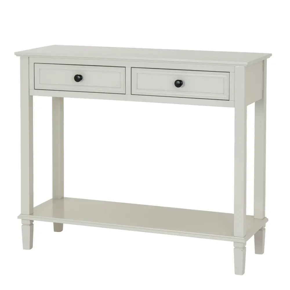 White painted belmont collection drawer console with two drawers, black round knobs, and textured wood grain finish