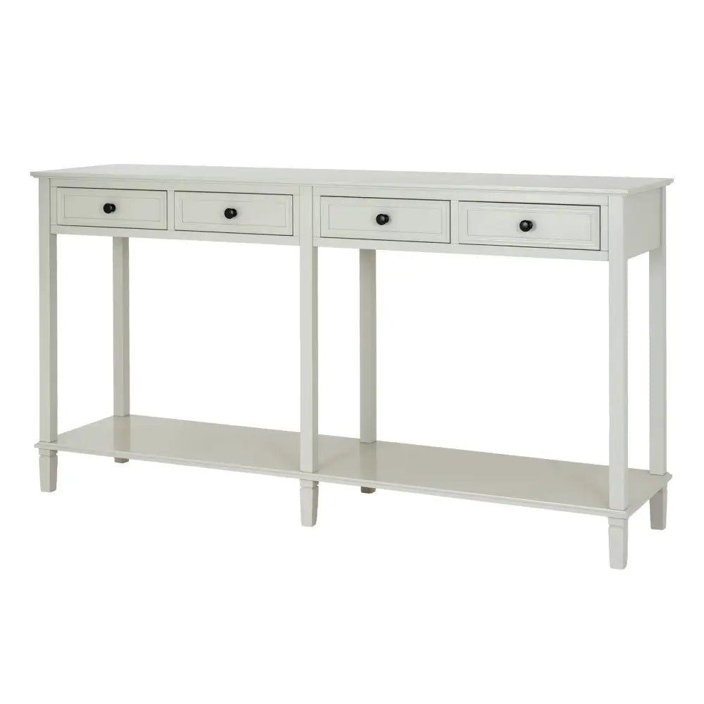 White belmont collection drawer console with four drawers and subtle vintage hardware black round knobs