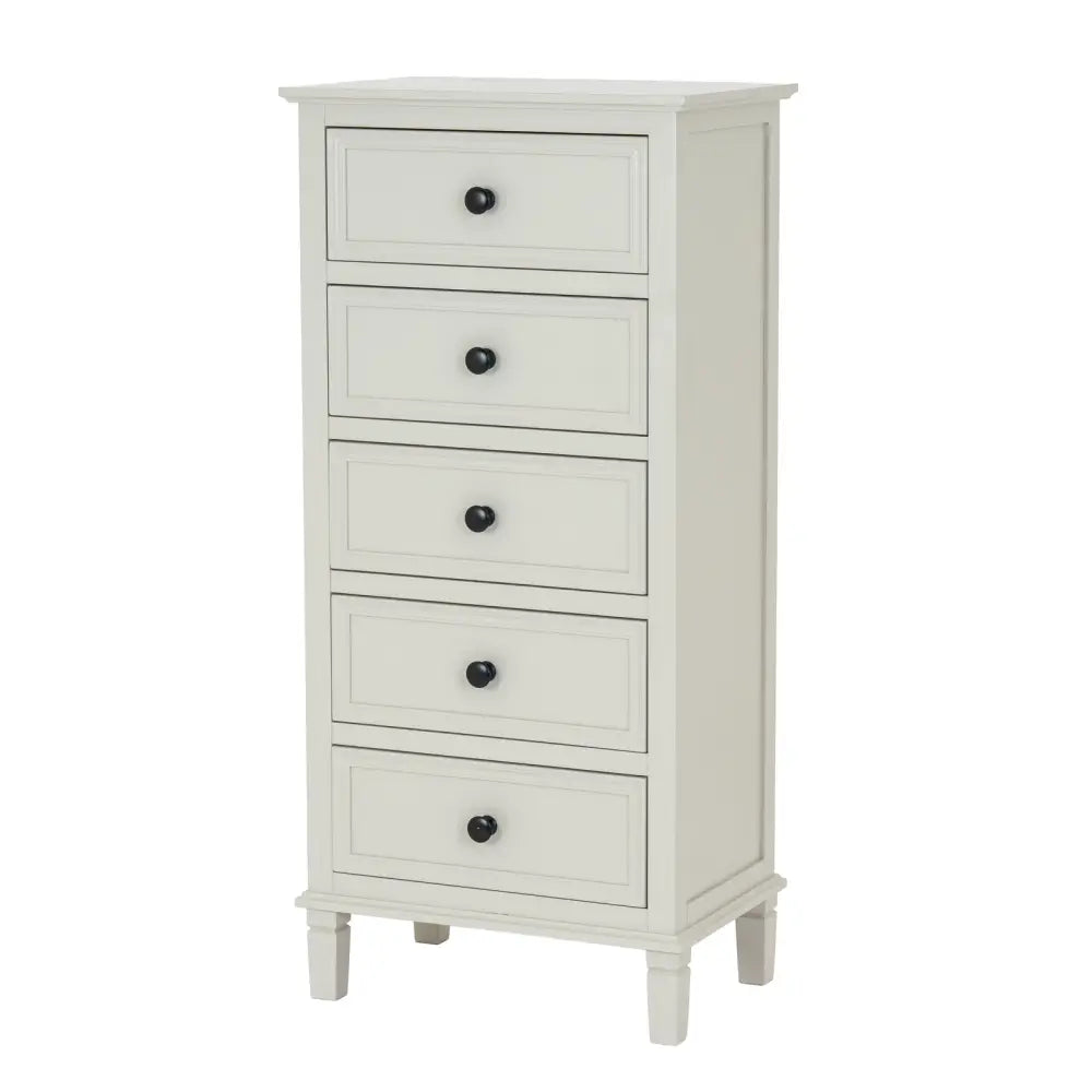 White painted wooden drawer tallboy from belmont collection with five drawers and black round knobs rich finish