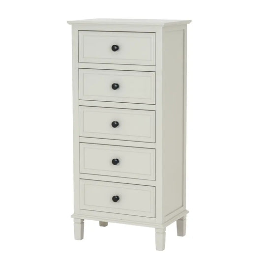 White painted wooden drawer tallboy from belmont collection with five drawers and black round knobs rich finish