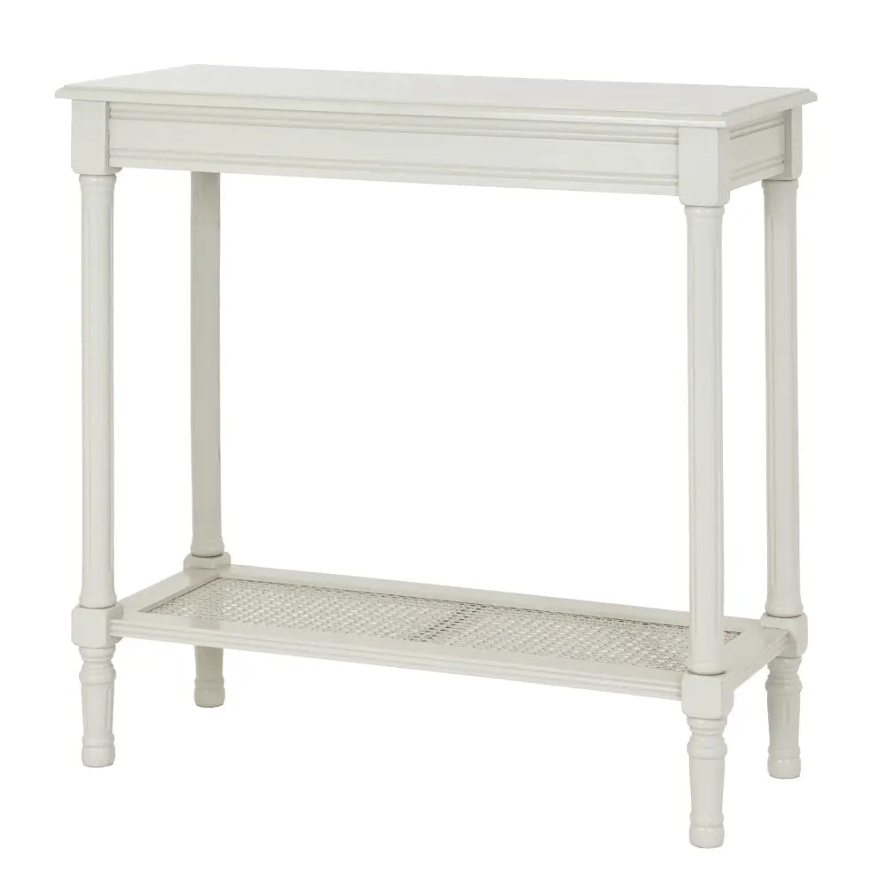 White painted belmont rattan collection console table with cane woven lower shelf and turned legs