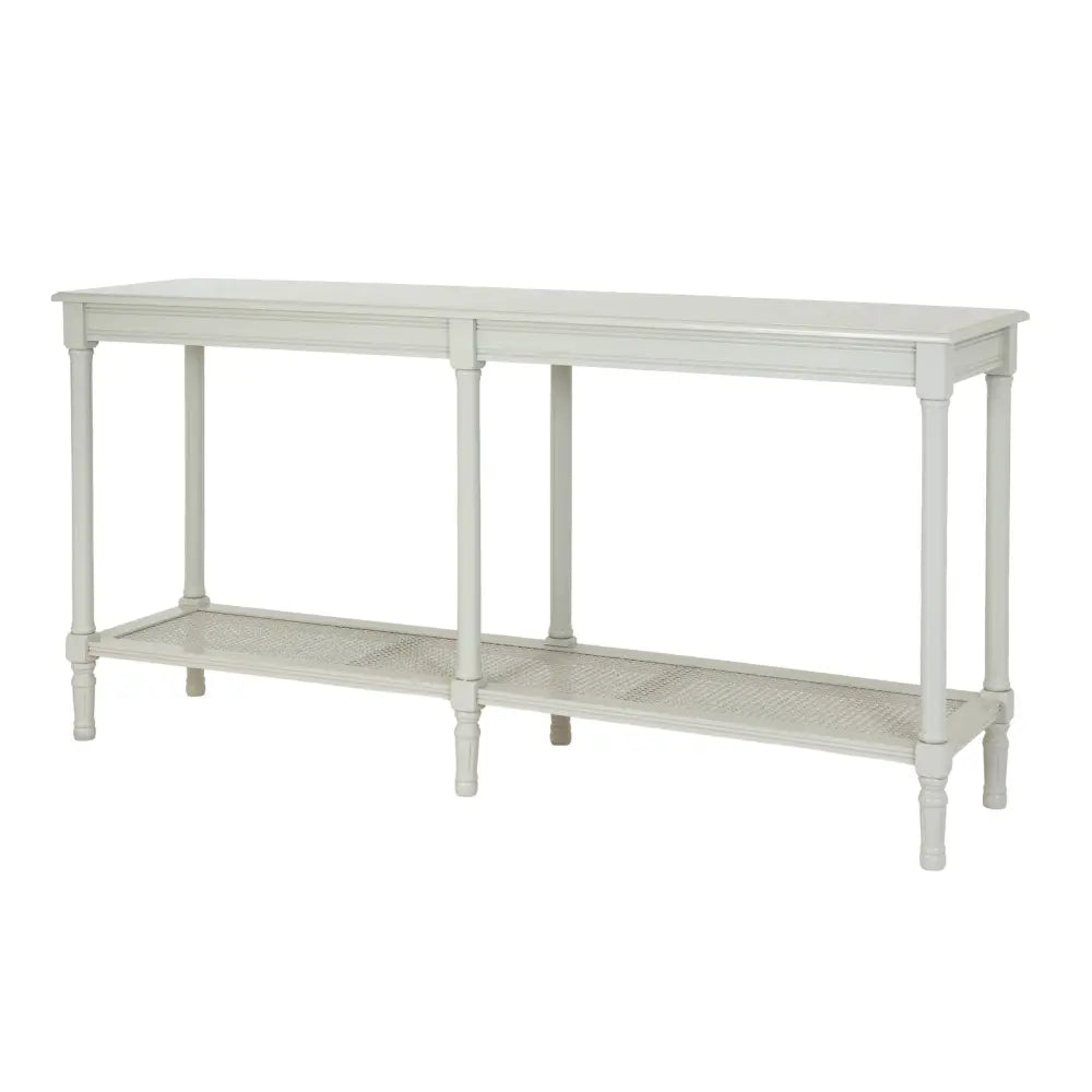A light gray belmont rattan collection large console table with smooth top and woven cane lower shelf